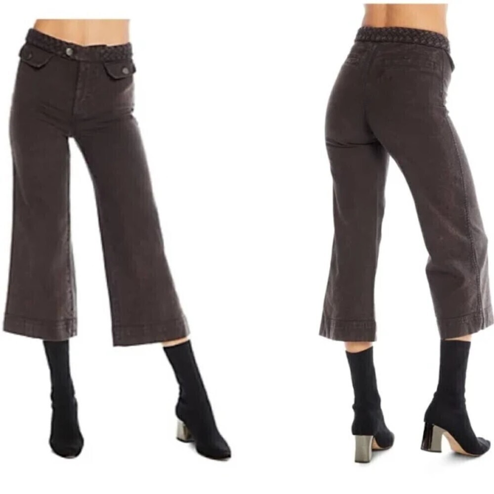 NWT CHASER Army Green Braided Waist High Rise Wide Leg Cropped Pants Size Small - Picture 8 of 8
